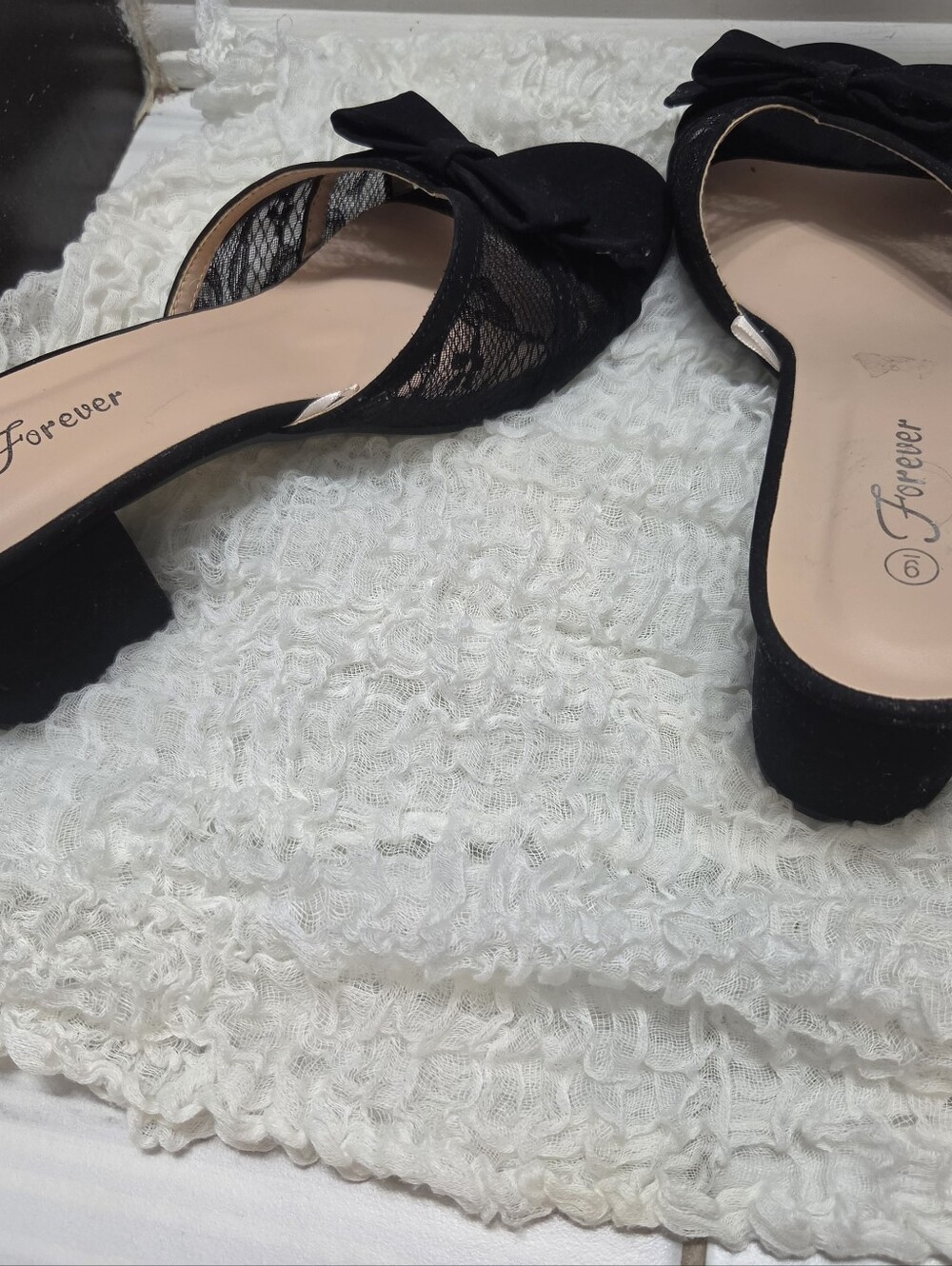 Forever Black Lace Bow Block Heel Mules